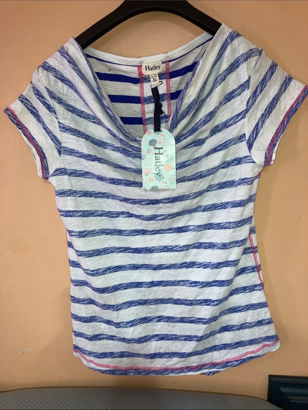Hatley White and Blue Striped V-Neck Tee with Pink Trim